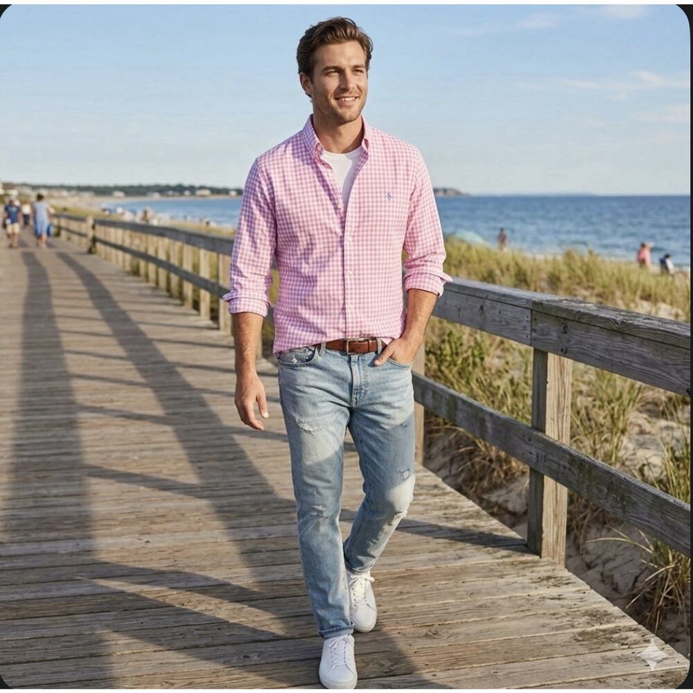 Ralph Lauren Pink White Gingham Blue Pony Button Down LS L Preppy Coastal